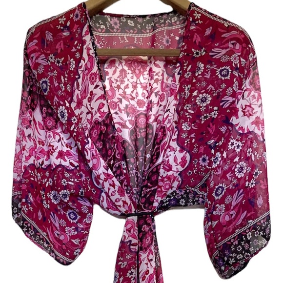 ❌SOLD❌OSFA•HOT PINK / PURPLE FLORAL COVER UP W FRINGE• - Picture 2 of 7